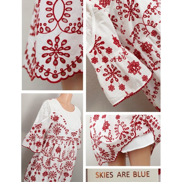 White Red Eyelet Embroidery 100% Cotton Cute Dress - Picture 7 of 10